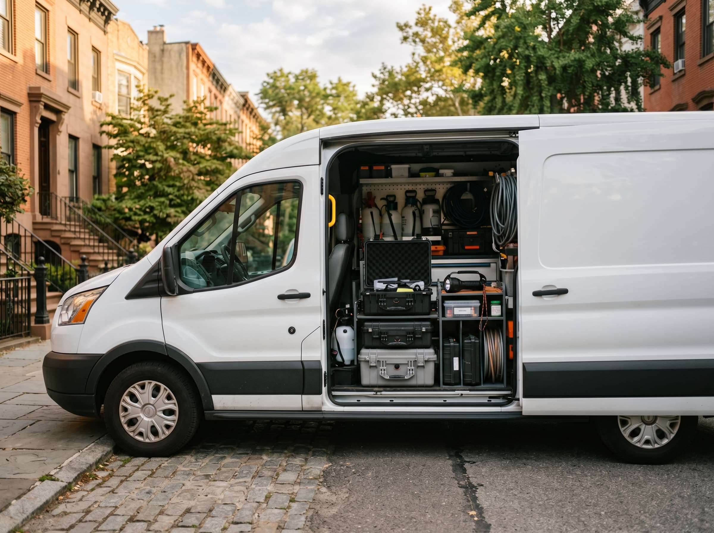 Pest control service van with organized equipment on a NYC residential street - PestShield NYC